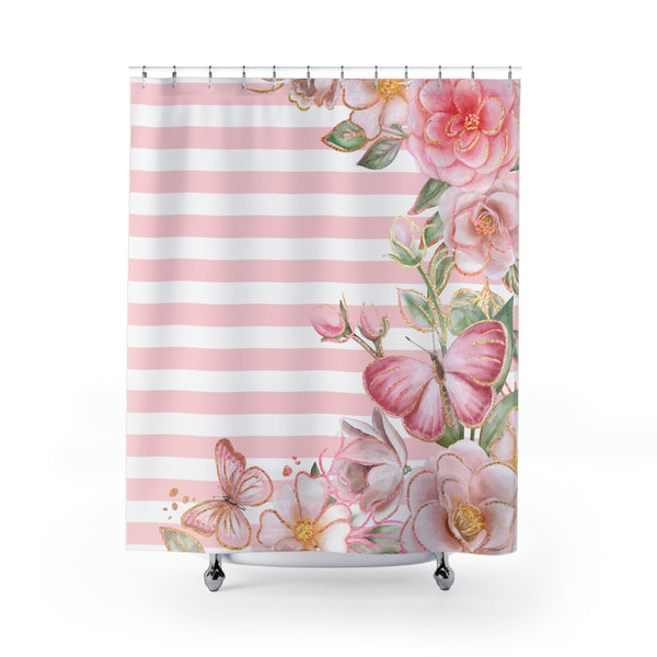 Shower Curtains-Pink Floral Butterflies-Pink Horizontal Stripes