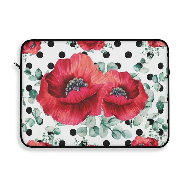 Laptop Sleeve-Rouge Red Floral-Black Polka Dots-White