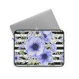 Laptop Sleeve-Soft Blue Floral-Black Horizontal Stripes-White