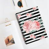 Small Spiral Notebook, 6x8in-Lush Pink Floral-Black Horizontal Stripes-White