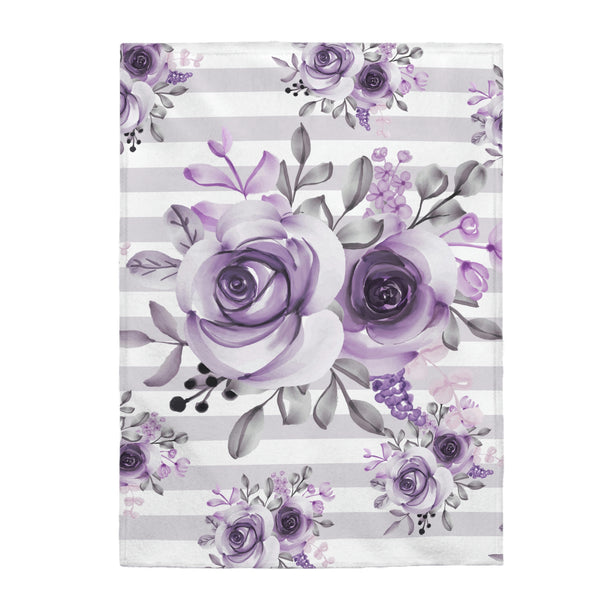 Velveteen Plush Blanket-Soft Purple Floral-Soft Purple Horizontal Stripes-White