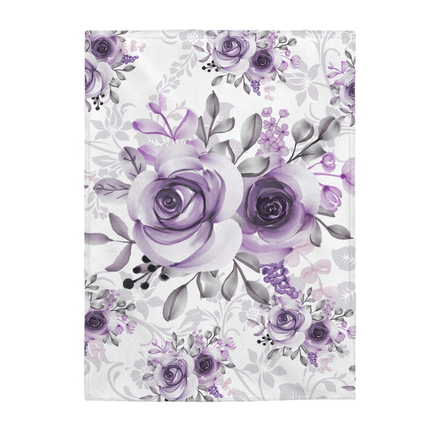 Velveteen Plush Blanket-Soft Purple-Floral Stencil-White