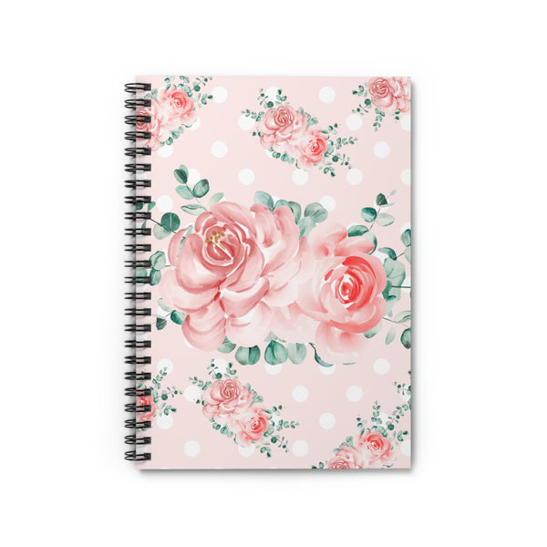 Small Spiral Notebook, 6x8in-Lush Pink Floral-White Polka Dots-Pink