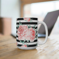 Coffee Mug 15oz-Lush Pink Floral-Black Horizontal Stripes-White