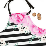 Apron-Magenta Pink-Floral Bash-Black Horizontal Stripes-White