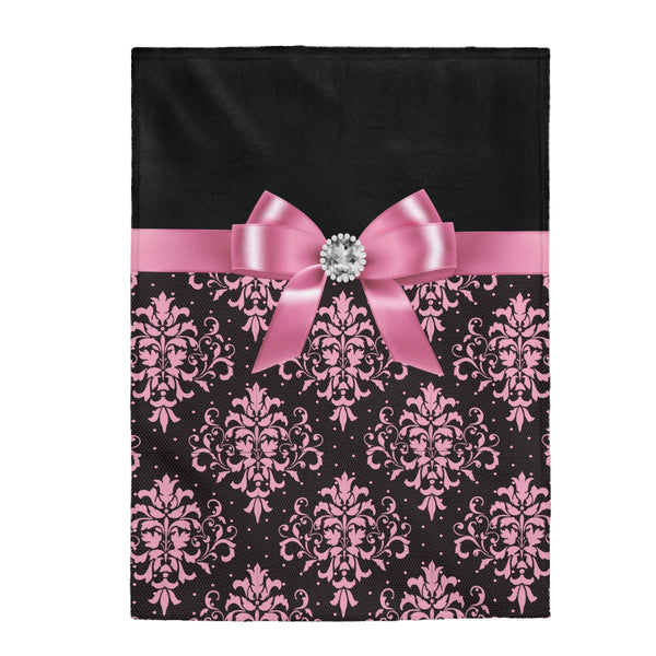 Velveteen Plush Blanket-Pink Bow-Pink Lace-Black