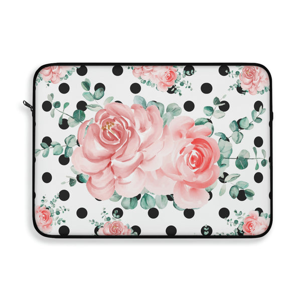 Laptop Sleeve-Lush Pink Floral-Black Polka Dots-White