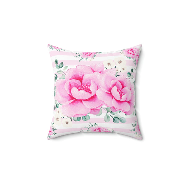 Square Pillow-Magenta Pink Floral-Pink Horizontal Stripes-White
