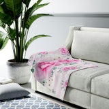 Velveteen Plush Blanket-Magenta Pink Floral-Pink Horizontal Stripes-White