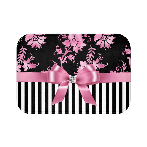 Bath Mat-Glam Pink Bow-Pink Stencil-Black White Pinstripes