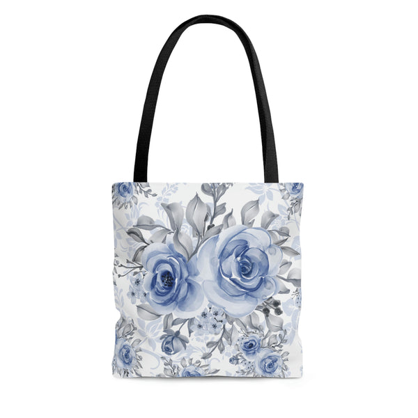Tote Bag-Stormy Blue-Floral Stencil-White