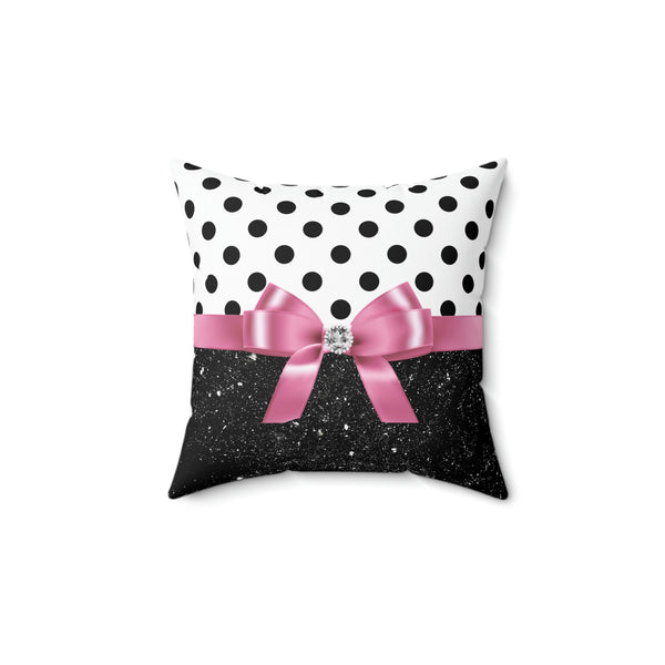 Square Pillow-Glam Pink Bow-Black Polka Dots-Black Glitter