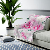 Velveteen Plush Blanket-Magenta Pink Floral-Pink Horizontal Stripes-White