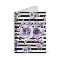Small Spiral Notebook, 6x8in-Soft Purple Floral-Black Horizontal Stripes-White