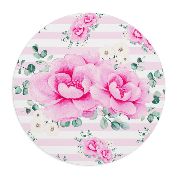 Mouse Pad-Magenta Pink Floral-Pink Horizontal Stripes-White