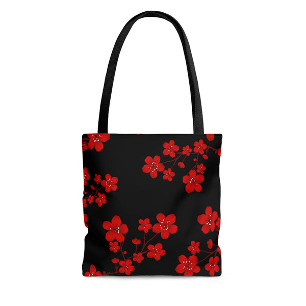 Tote Bag-Red Floral Blossoms-Black