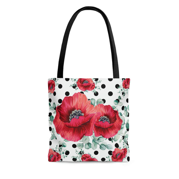 Tote Bag-Rouge Red Floral-Black Polka Dots-White