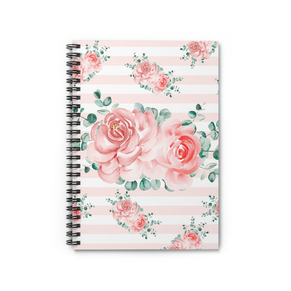Small Spiral Notebook, 6x8in-Lush Pink Floral-Pink Horizontal Stripes-White