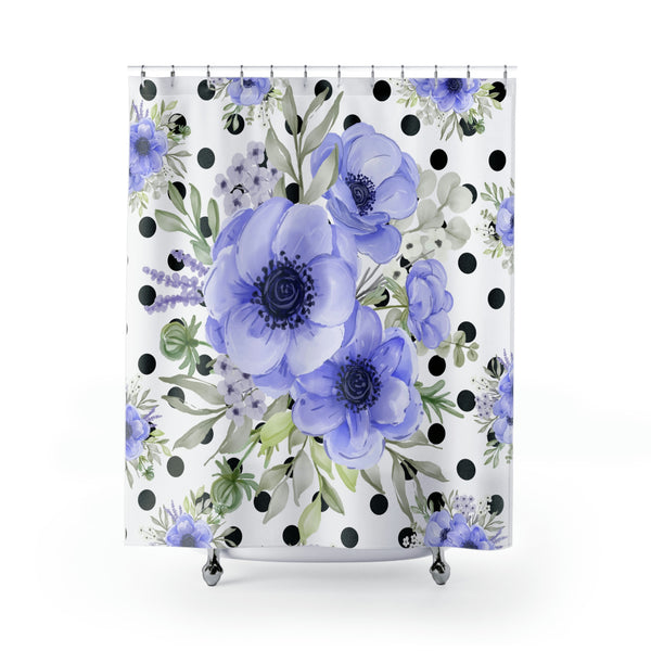 Shower Curtains-Soft Blue Floral-Black Polka Dots-White