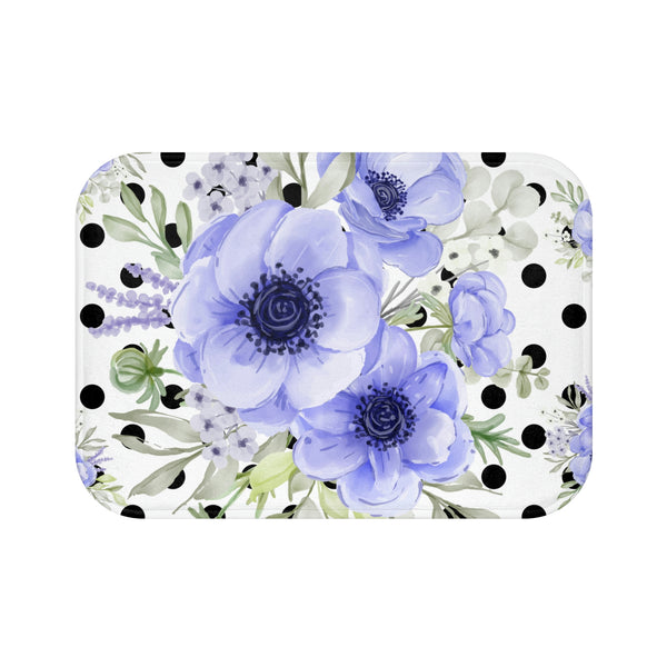 Bath Mat-Soft Blue Floral-Black Polka Dots-White