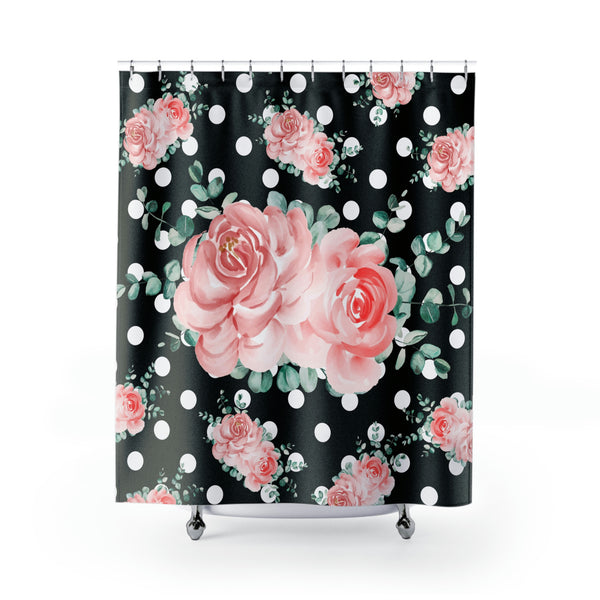 Shower Curtains-Lush Pink Floral-White Polka Dots-Black
