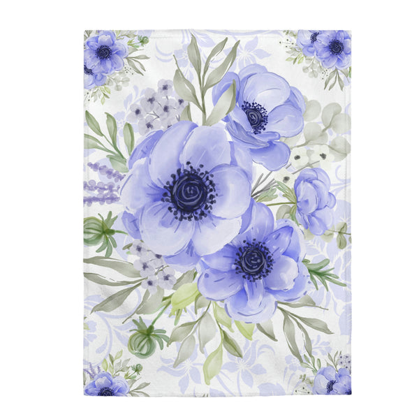 Velveteen Plush Blanket-Soft Blue Floral-Blue Stencil-White