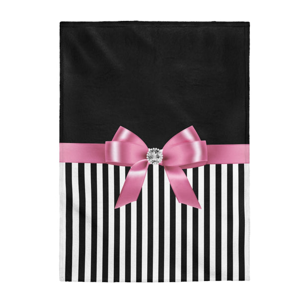 Velveteen Plush Blanket-Pink Bow-White Black Pinstripes-Black