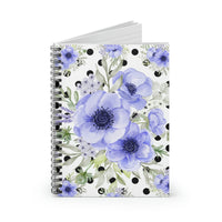 Small Spiral Notebook, 6x8in-Soft Blue Floral-Black Polka Dots-White