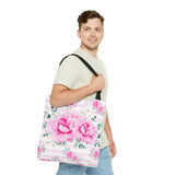 Tote Bag-Magenta Pink Floral-Pink Horizontal Stripes-White