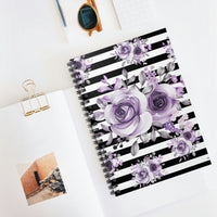 Small Spiral Notebook, 6x8in-Soft Purple Floral-Black Horizontal Stripes-White