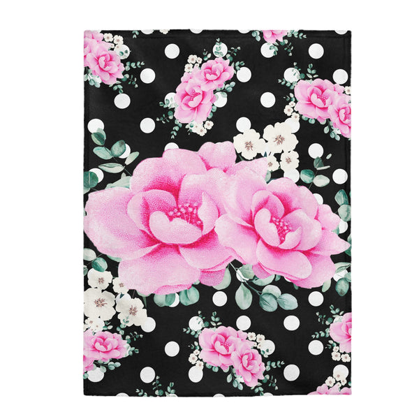Velveteen Plush Blanket-Magenta Pink Floral-White Polka Dots-Black