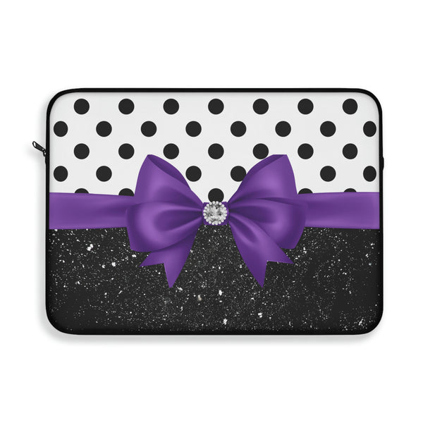Laptop Sleeve-Glam Purple Bow-Black Polka Dots-Black Glitter