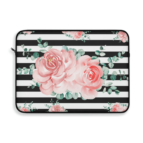Laptop Sleeve-Lush Pink Floral-Black Horizontal Stripes-White