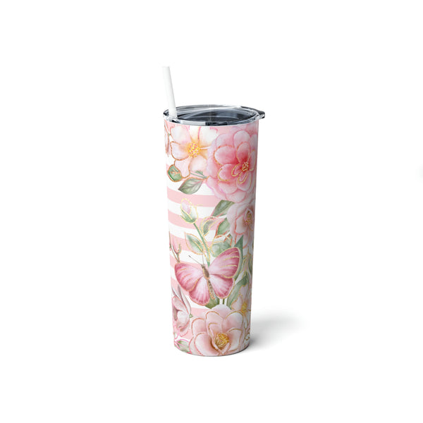Skinny Tumbler, 20oz-Pink Floral Butterflies-Pink Horizontal Stripes