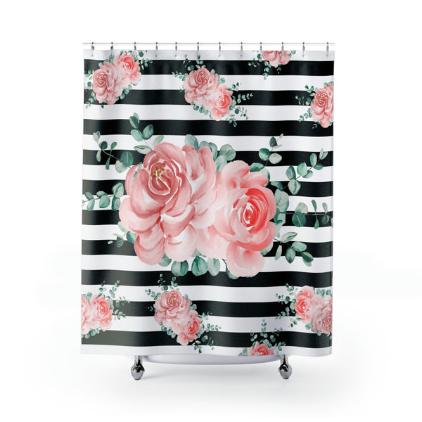 Shower Curtains-Lush Pink Floral-Black Horizontal Stripes-White