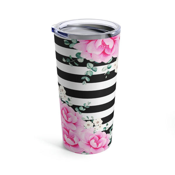 Tumbler 20oz-Magenta Pink-Floral Bash-Black Horizontal Stripes-White