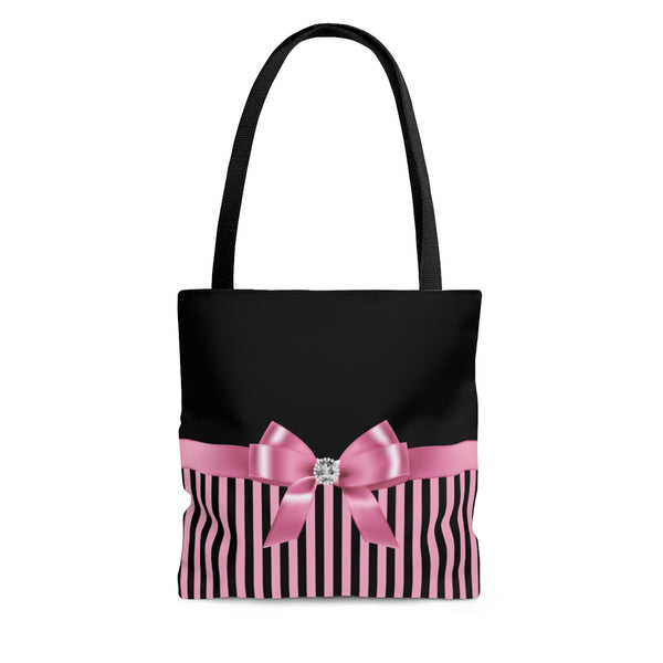 Tote Bag-Glam Pink Bow-Pink Black Pinstripes-Black