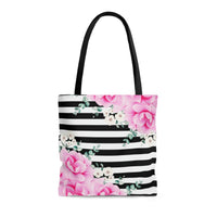 Tote Bag-Magenta Pink-Floral Bash-Black Horizontal Stripes-White