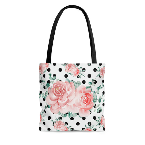 Tote Bag-Lush Pink Floral-Black Polka Dots-White