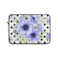 Laptop Sleeve-Soft Blue Floral-Black Polka Dots-White