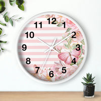 Wall Clock-Pink Floral Butterflies-Pink Horizontal Stripes