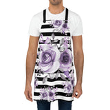 Apron-Soft Purple Floral-Black Horizontal Stripes-White