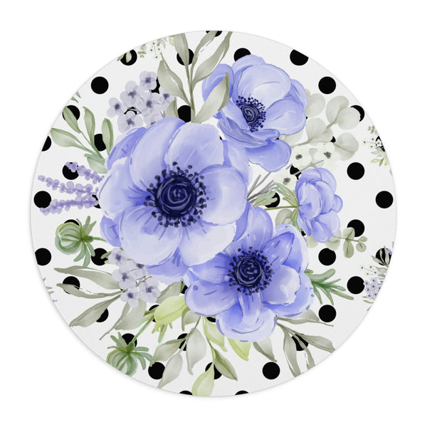 Mouse Pad-Soft Blue Floral-Black Polka Dots-White