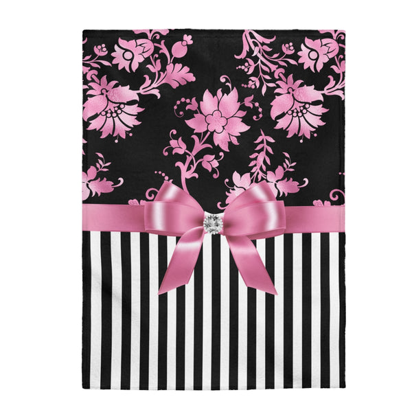 Velveteen Plush Blanket-Glam Pink Bow-Pink Stencil-Black White Pinstripes