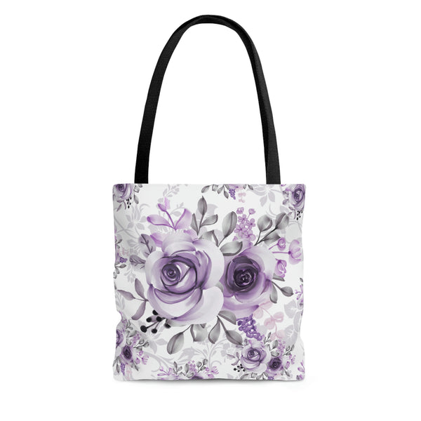 Tote Bag-Soft Purple-Floral Stencil-White