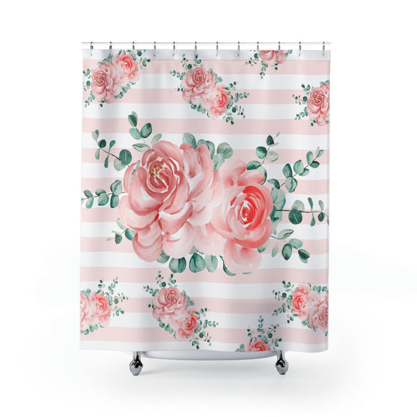 Shower Curtains-Lush Pink Floral-Pink White Stripes