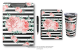 Tumbler 20oz-Lush Pink Floral-Black Horizontal Stripes-White