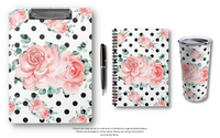 Small Spiral Notebook, 6x8in-Lush Pink Floral-Black Polka Dots-White