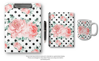 Small Spiral Notebook, 6x8in-Lush Pink Floral-Black Polka Dots-White