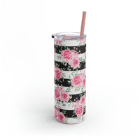 Skinny Tumbler, 20oz-Pretty Pink Floral Roses-Black Stripes